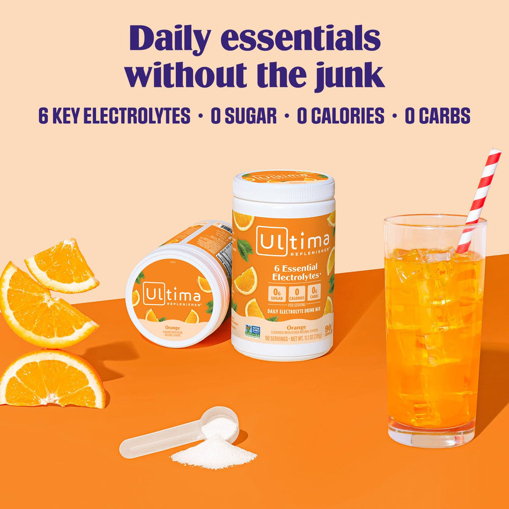 Ultima Replenisher scoop dissolving in water for quick, sugar-free refreshment.
