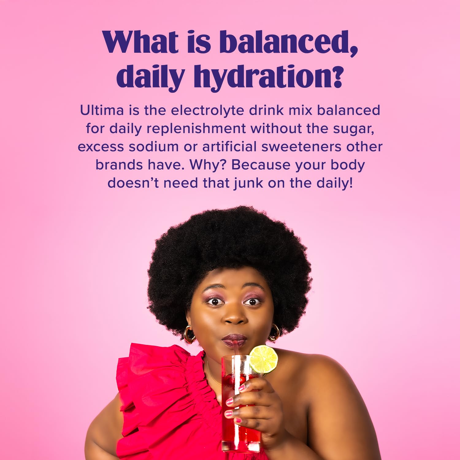 Vitamin C and zinc on Ultima Replenisher packaging supporting hydration.