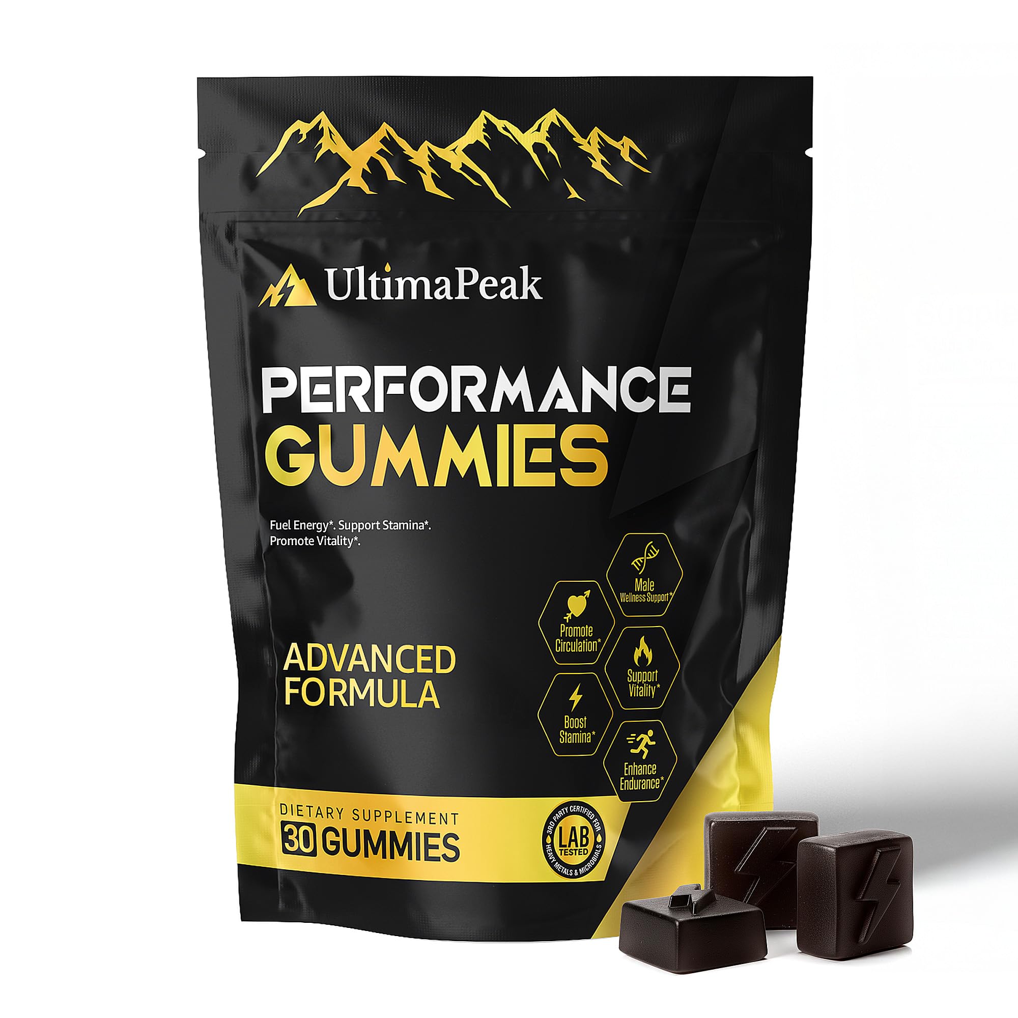 UltimaPeak Shilajit Gummies bottle on table, ready for daily energy and focus.