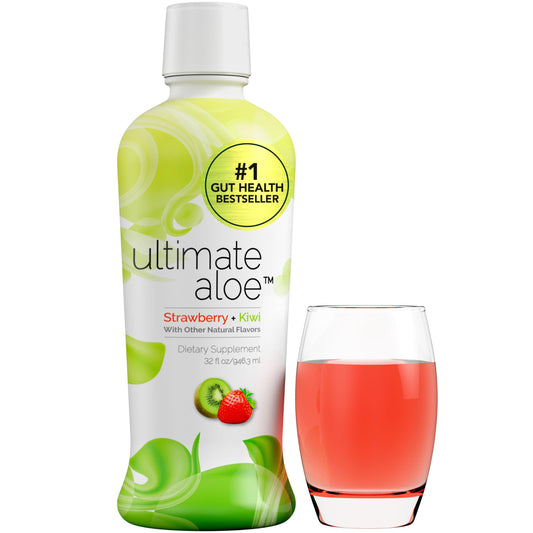 Ultimate Aloe bottle with strawberry kiwi flavor for digestive comfort.