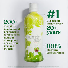 Ultimate Aloe pour showing strawberry kiwi flavor for daily wellness.