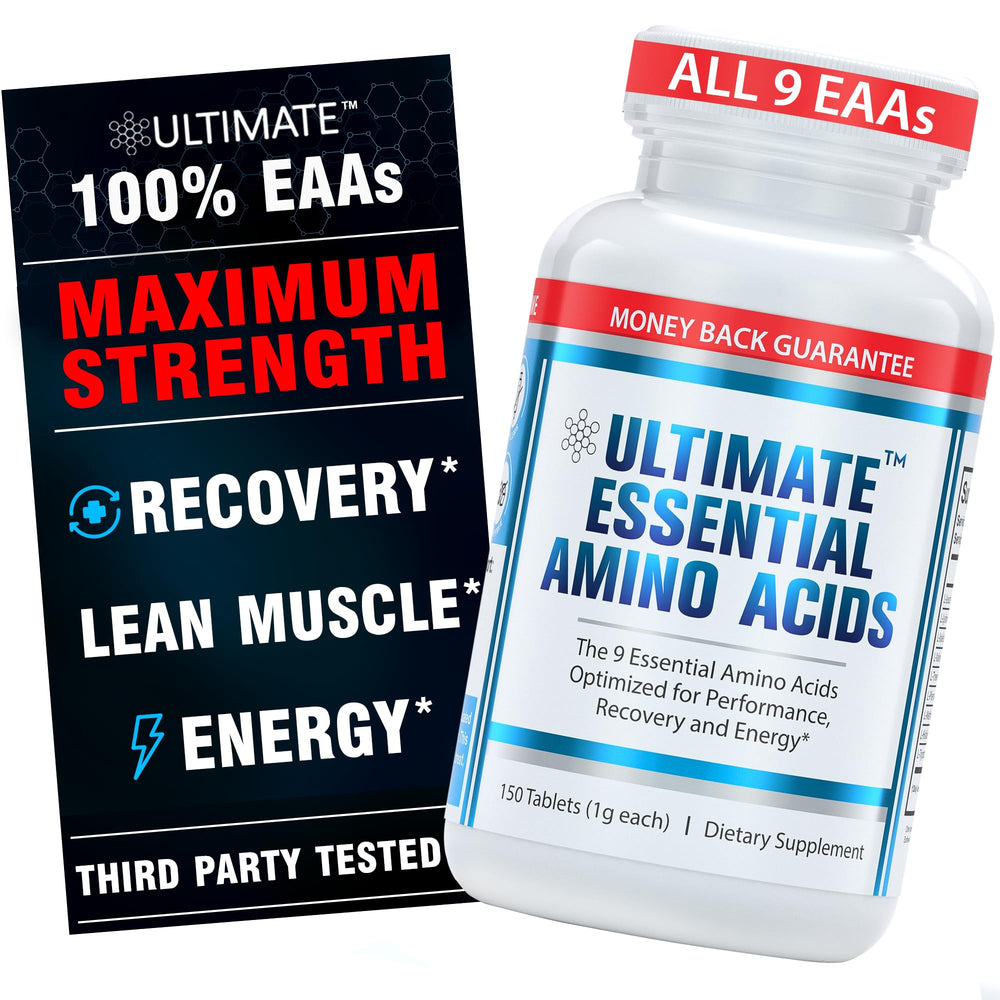Ultimate EAA bottle pouring showing complete essential amino acids for energy and recovery