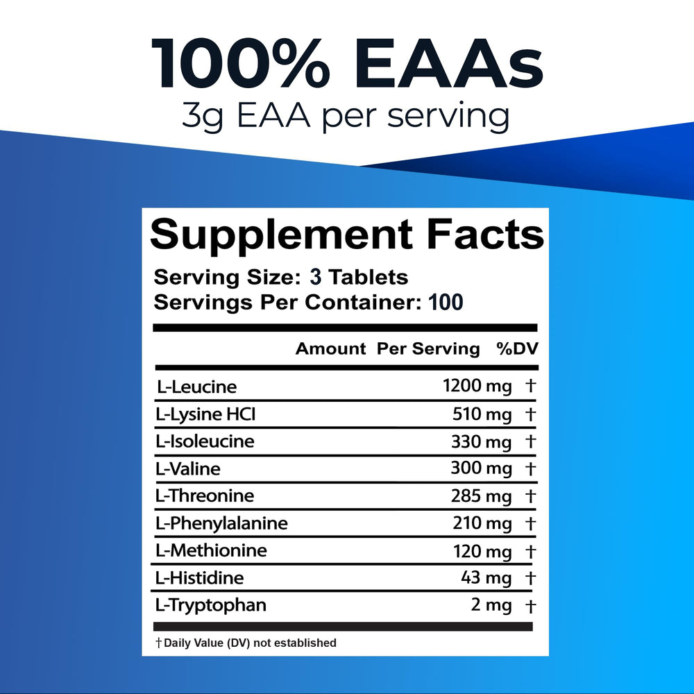 Ultimate EAA tablets closeup highlights easy-to-swallow keto and vegetarian tablets.