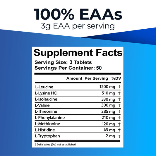 Close-up of Ultimate EAA tablets highlighting easy-to-swallow vegan formula