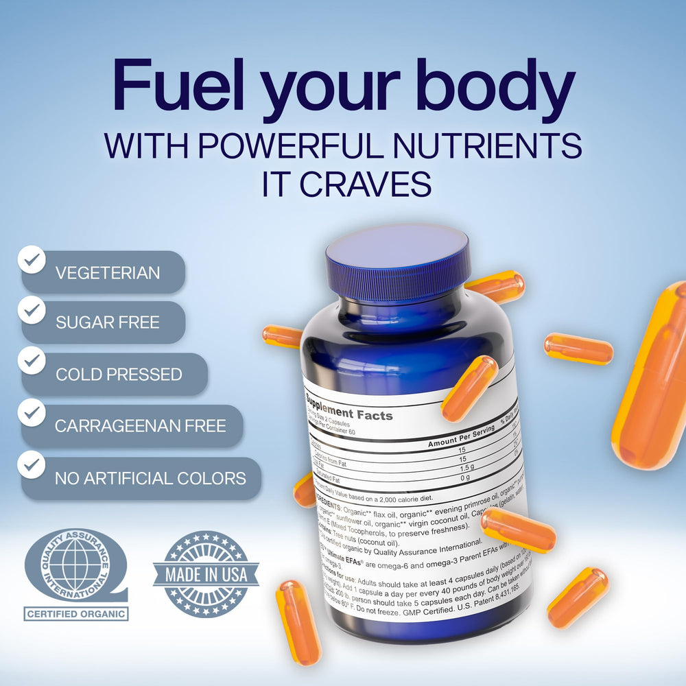 Ultimate EFAs YES heart and brain health concept with radiant skin.