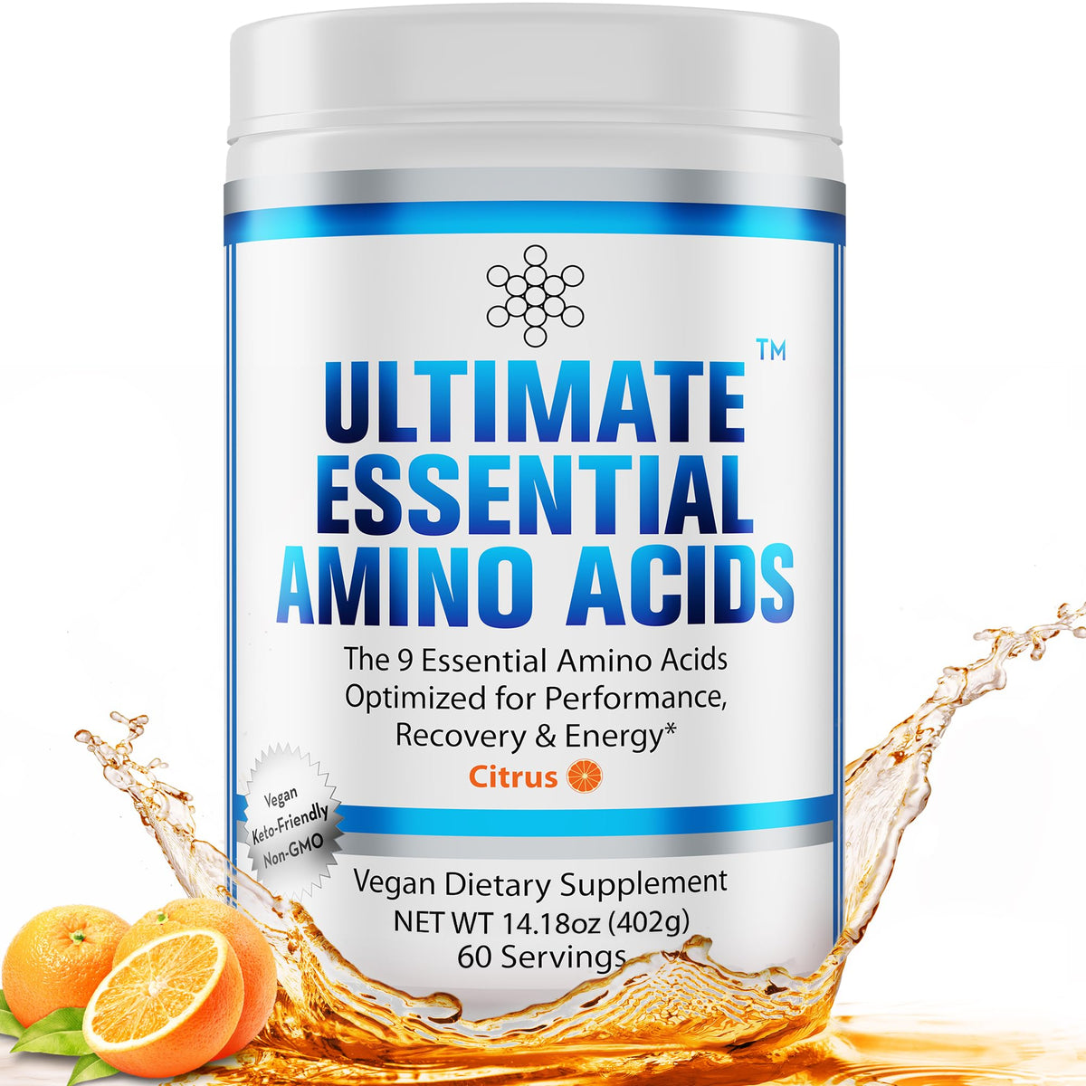 Ultimate Essential Amino Acids Powder citrus bottle pour for a refreshing energy boost