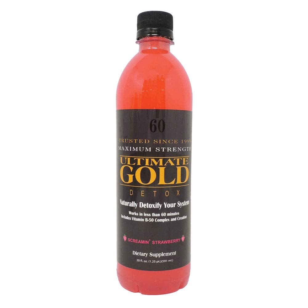 Ultimate Gold Detox Drink 20oz bottle with Screamin' Strawberry, ready for a refreshing cleanse.