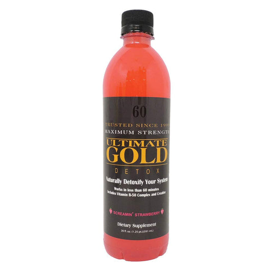 Ultimate Gold Detox Drink 20oz bottle with Screamin' Strawberry, ready for a refreshing cleanse.