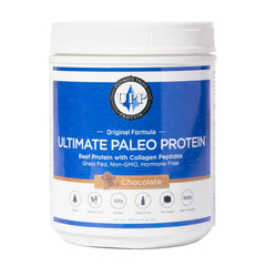 Ultimate Paleo Protein bottle in chocolate flavor for fueling workouts with grass-fed beef protein