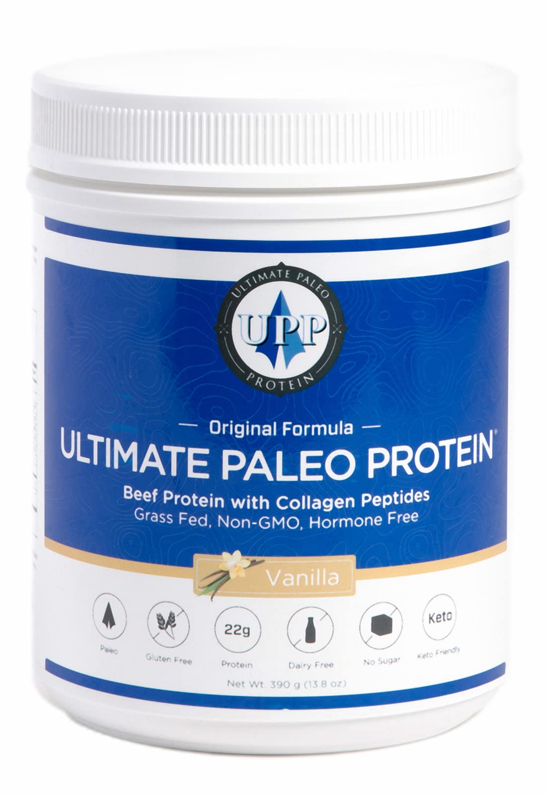 Ultimate Paleo Protein bottle front shows grass-fed beef protein for clean fueling