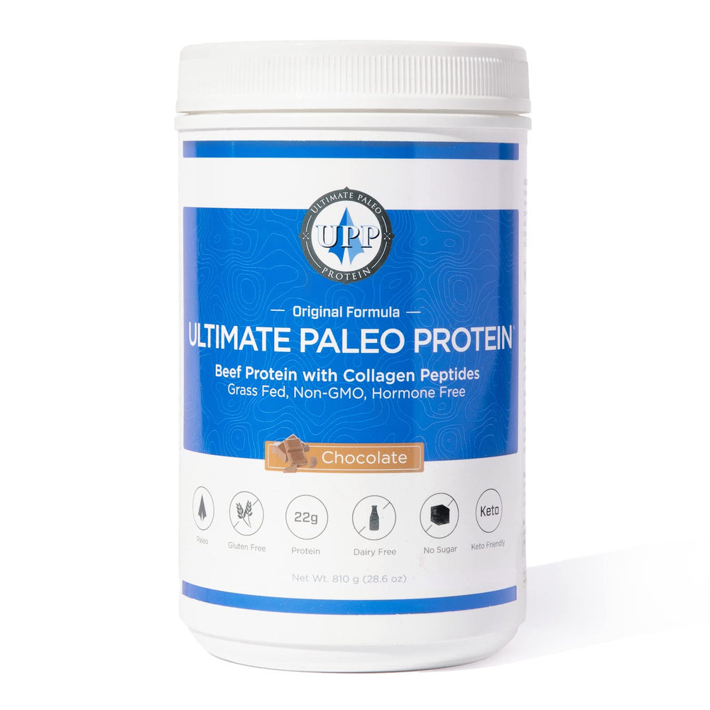 Ultimate Paleo Protein chocolate tub front, grass-fed beef protein for quick shakes