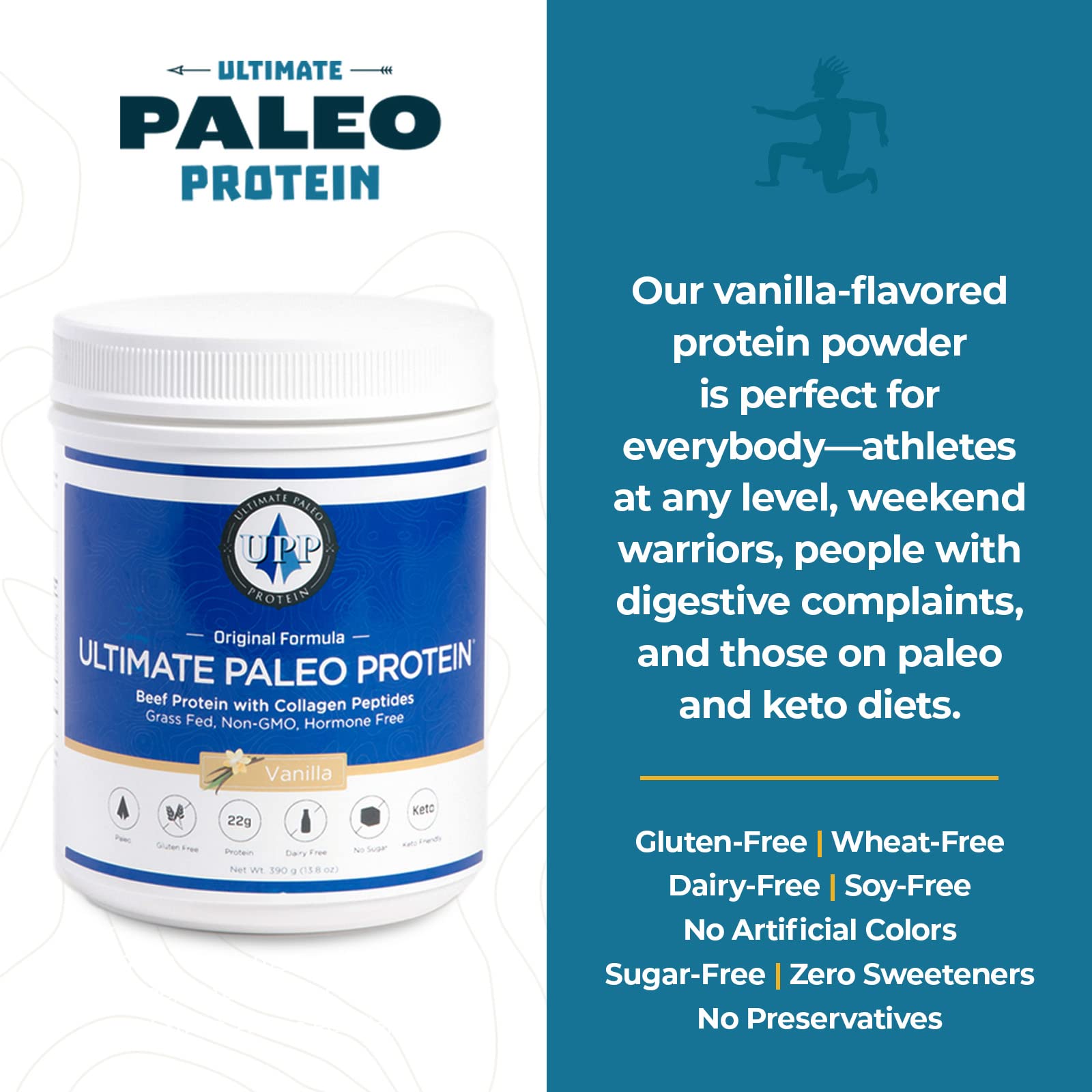 Ultimate Paleo Protein collagen-mix closeup suggests smooth shakes.