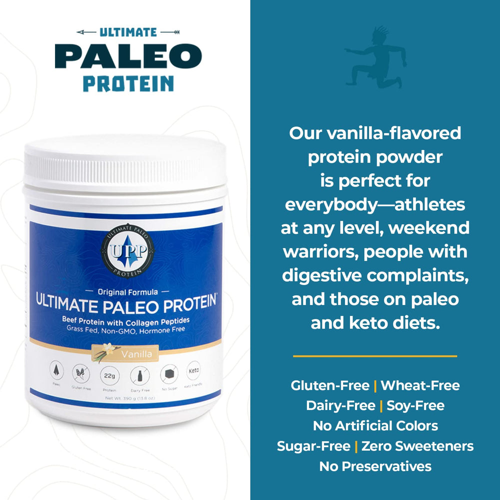 Ultimate Paleo Protein collagen-mix closeup suggests smooth shakes.