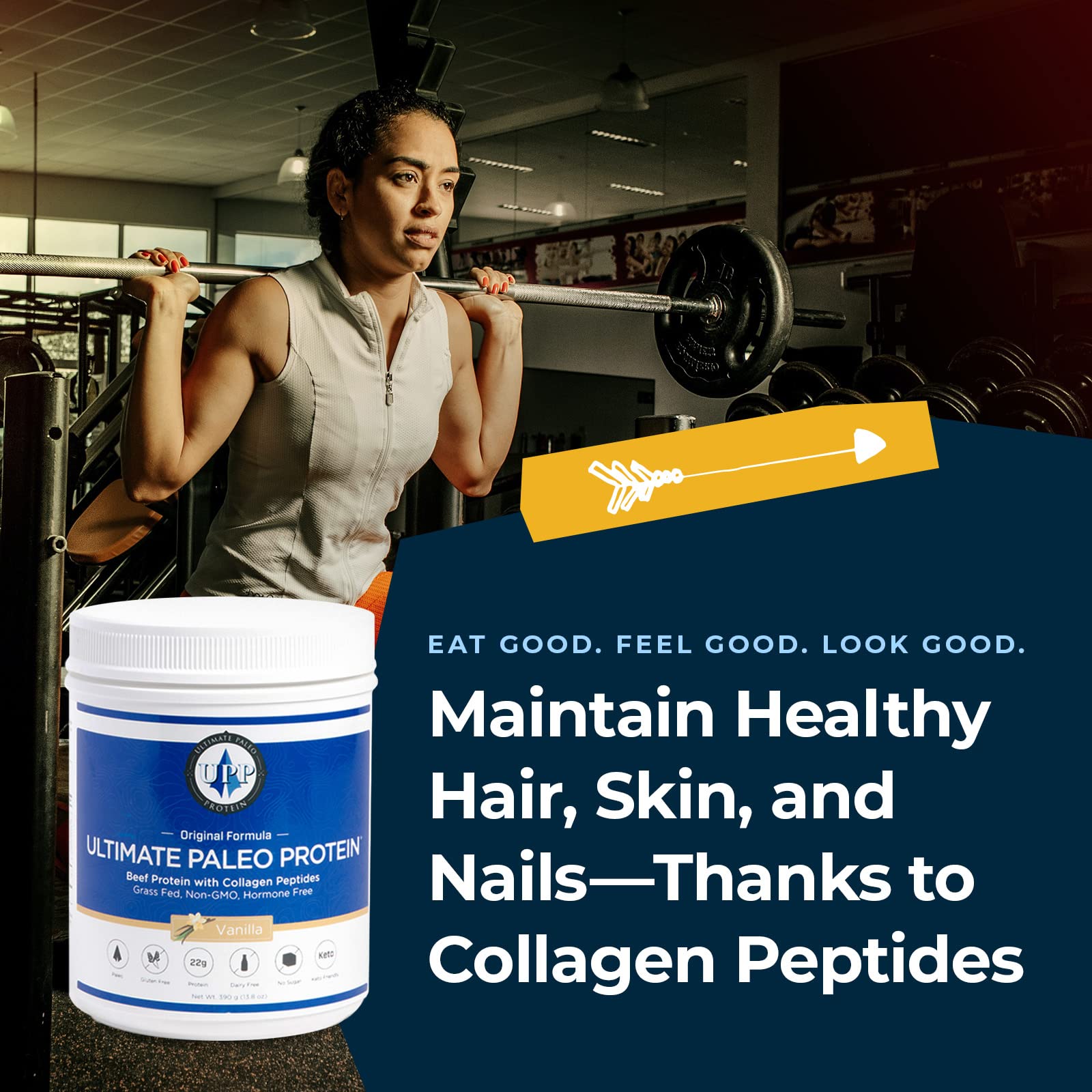 Ultimate Paleo Protein label close-up emphasizes zero artificial ingredients and gluten-free promise