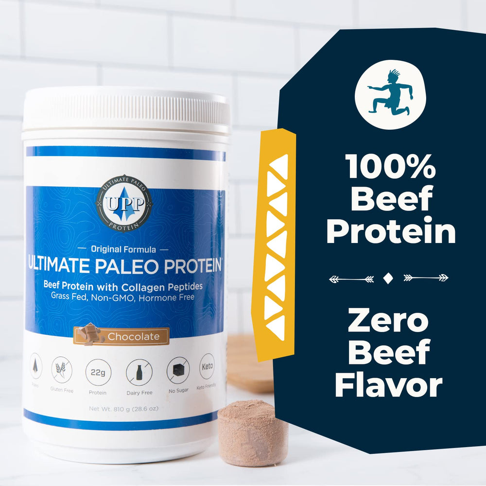 Ultimate Paleo Protein powder jar highlights gluten-free and keto-friendly ingredients for clean eating
