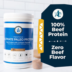 Ultimate Paleo Protein powder jar highlights gluten-free and keto-friendly ingredients for clean eating