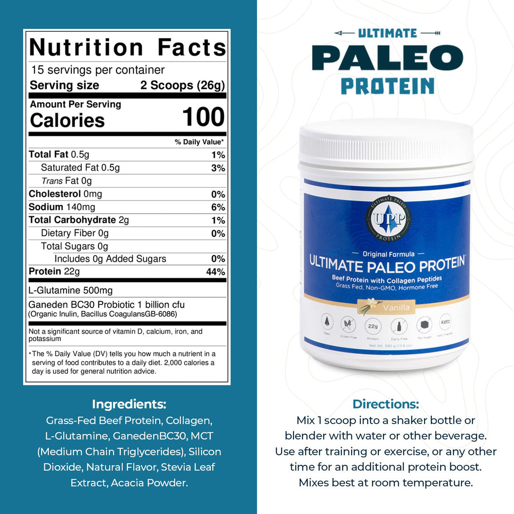 Ultimate Paleo Protein scoop pouring vanilla, ideal for quick post-workout shakes.