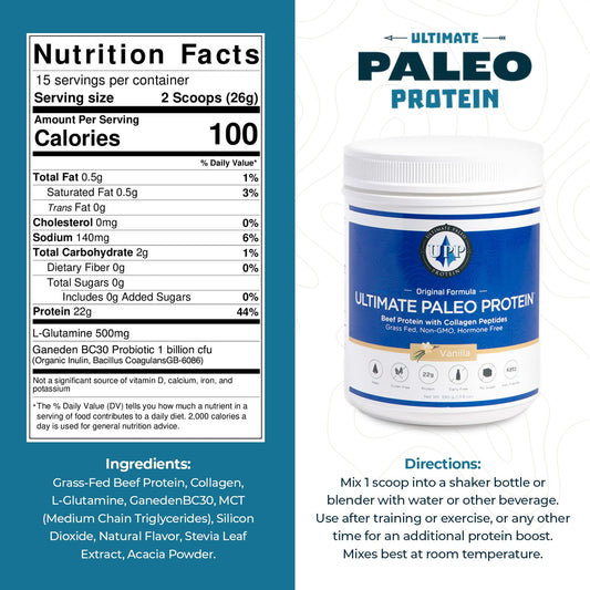 Ultimate Paleo Protein scoop pouring vanilla, ideal for quick post-workout shakes.
