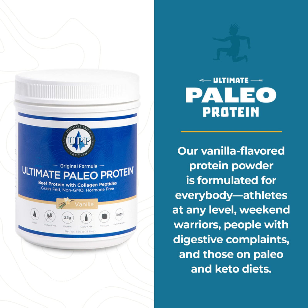 Ultimate Paleo Protein shaker mid-mix suggests dairy-free, keto-friendly serving