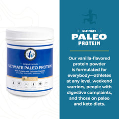 Ultimate Paleo Protein shaker mid-mix suggests dairy-free, keto-friendly serving
