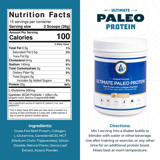 Ultimate Paleo Protein spoon scoop highlights 22g protein with collagen for workout support
