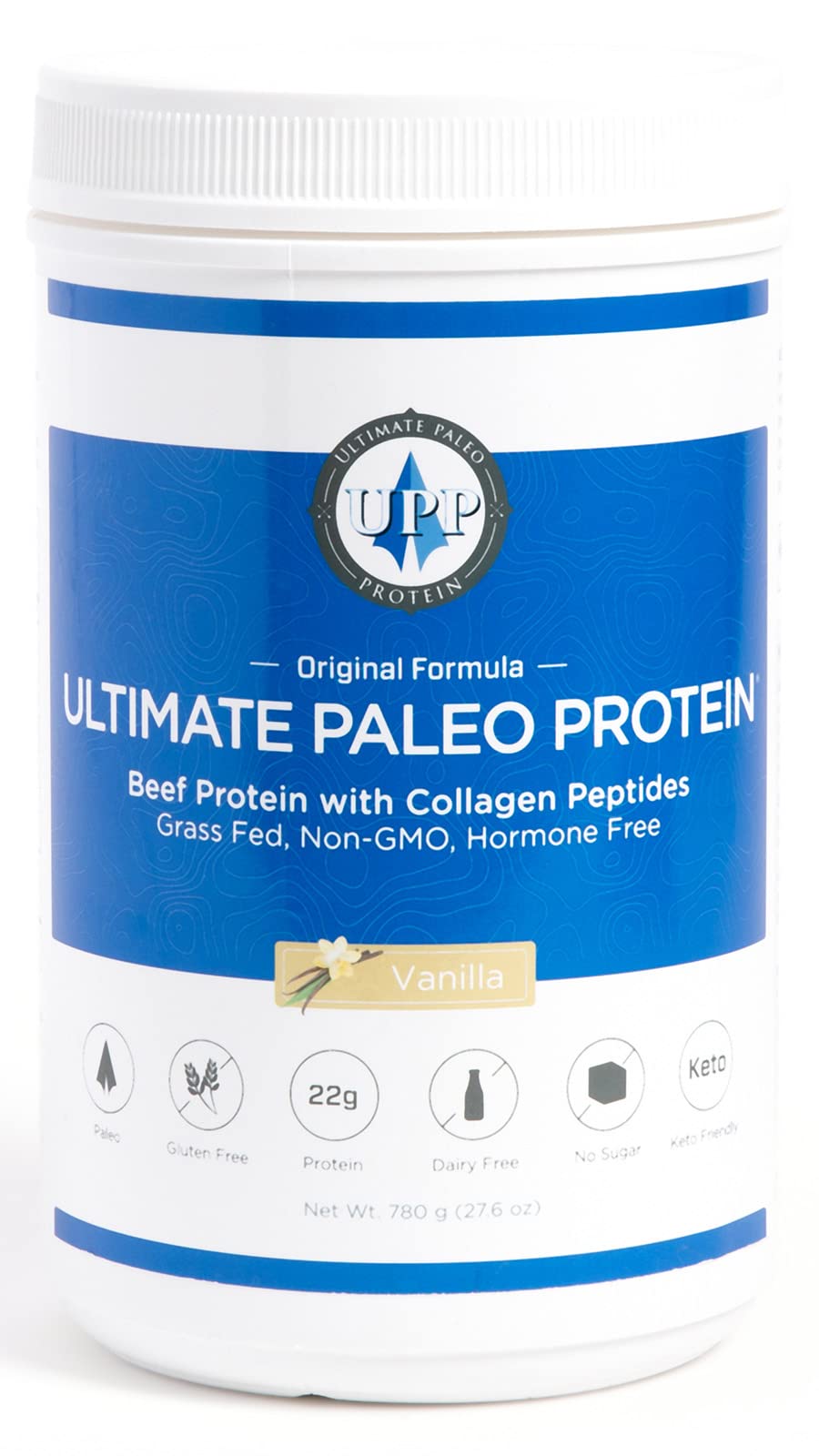 Ultimate Paleo Protein tub with vanilla label, highlighting grass-fed beef protein quality.