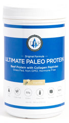 Ultimate Paleo Protein tub with vanilla label, highlighting grass-fed beef protein quality.
