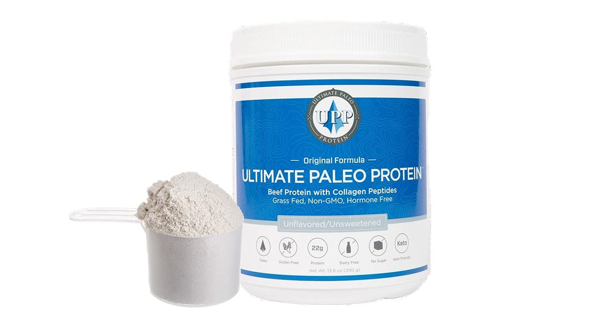 Ultimate Paleo Protein unflavored bottle pouring for versatile shakes