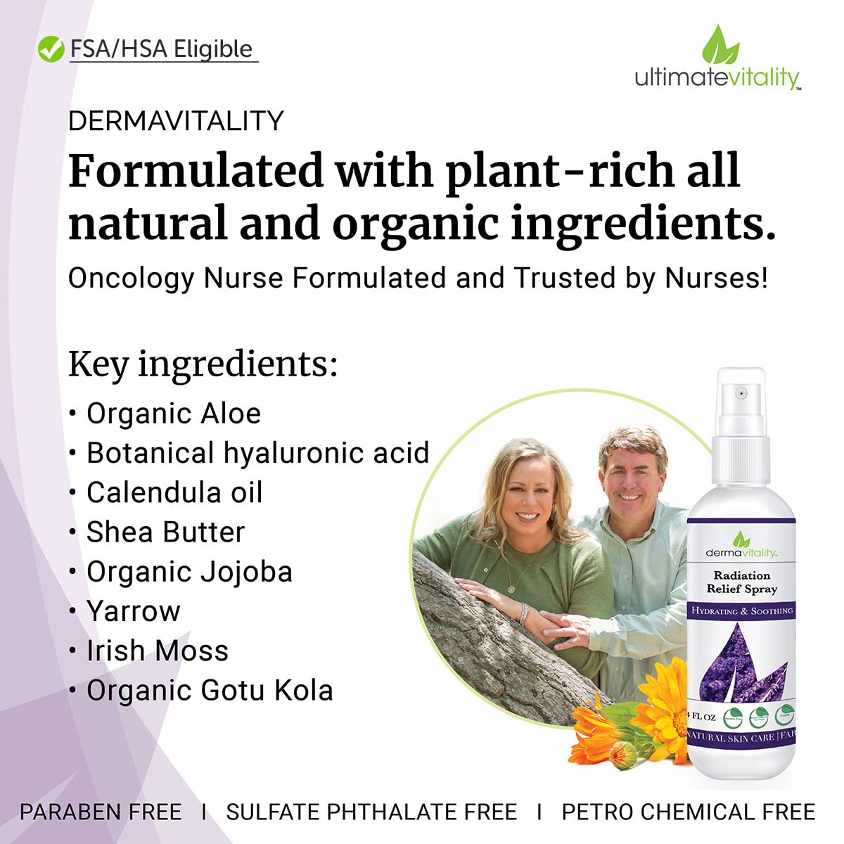 Ingredients layout of UltimateVitality spray featuring calendula and arnica