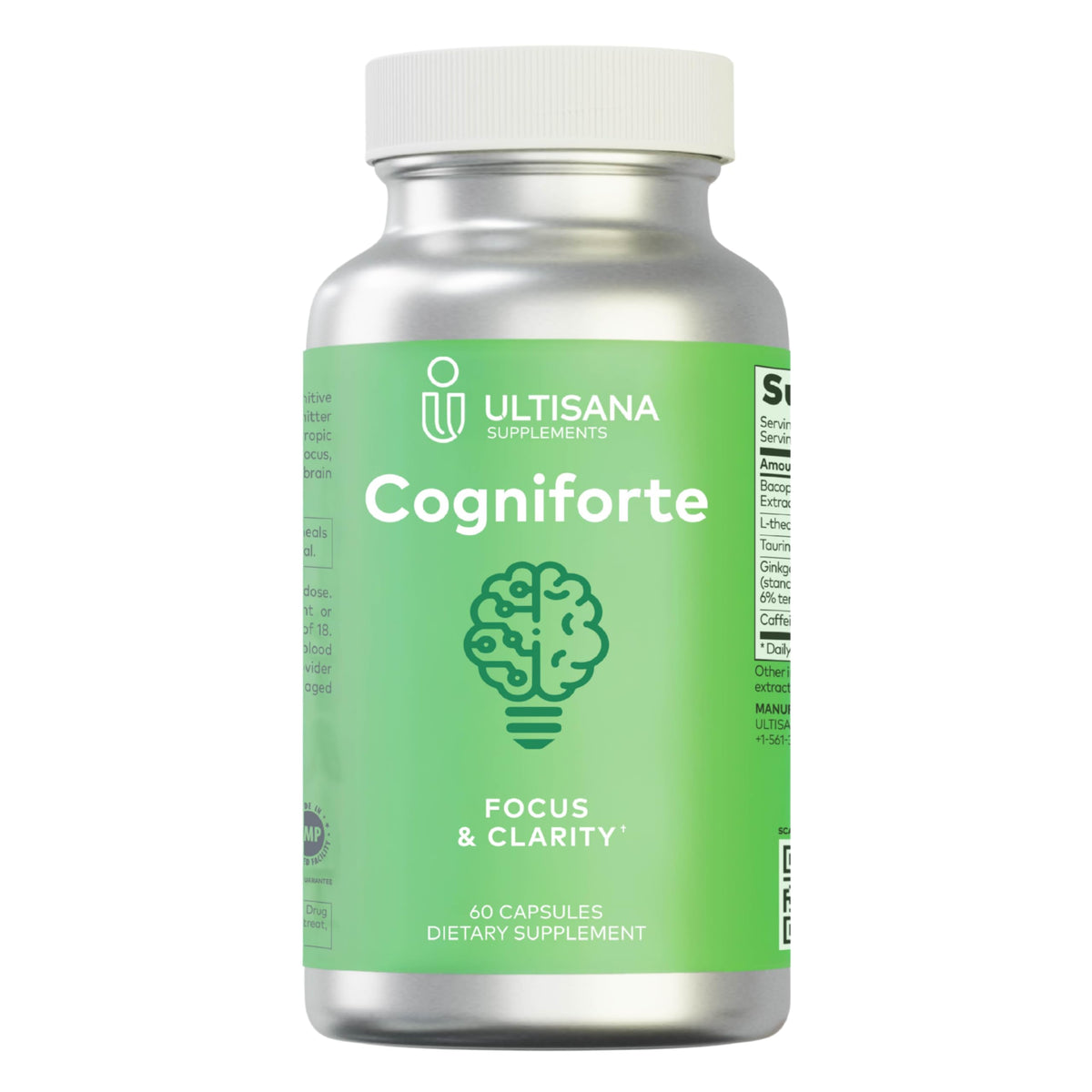Ultisana Cogniforte bottle on table for easy daily cognitive support.