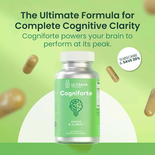 Ultisana Cogniforte capsules close up showing convenient, focused brain support.