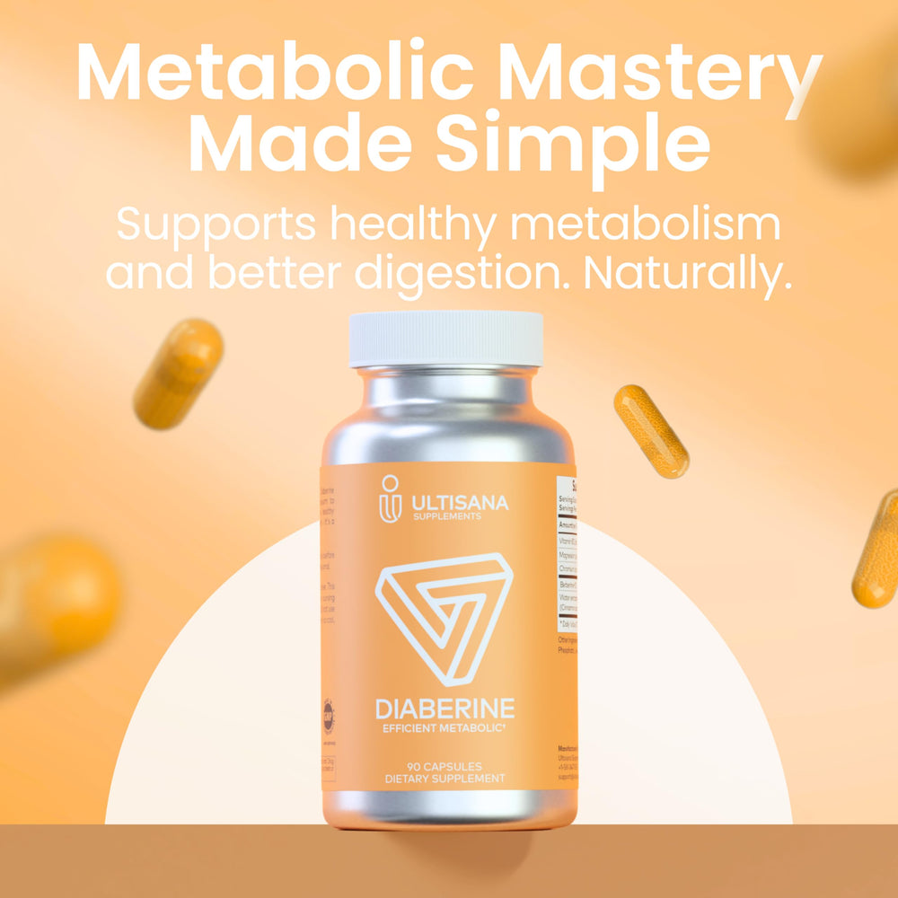 Ultisana Diaberine capsules close-up showing daily energy and metabolic benefits.