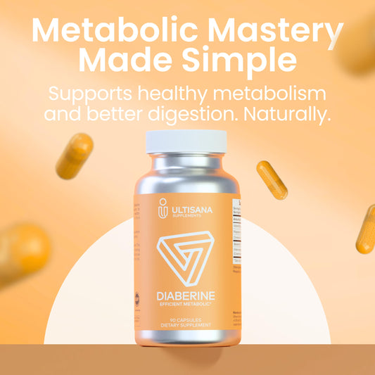 Ultisana Diaberine capsules close-up showing daily energy and metabolic benefits.