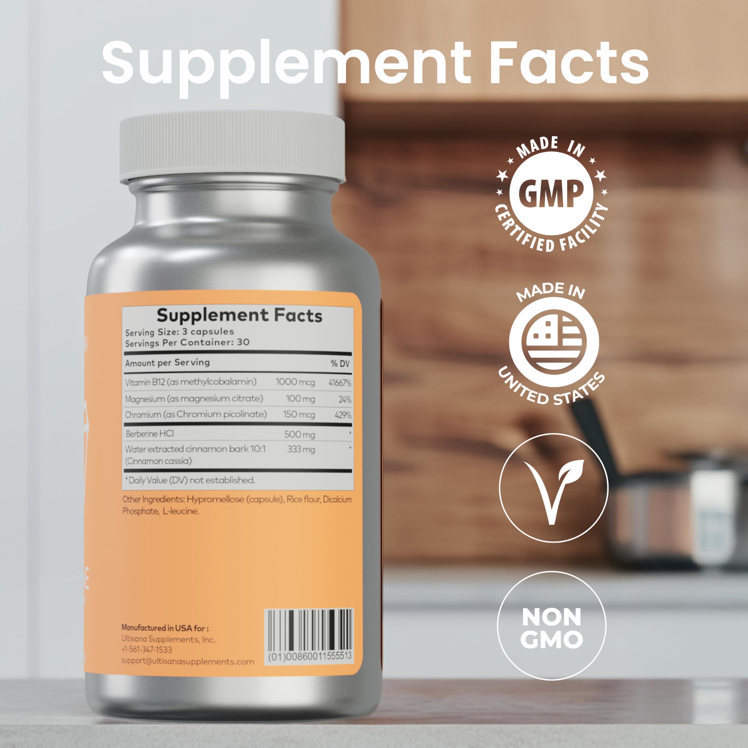 Ultisana Diaberine supplement facts panel highlights serving size and nutrients.