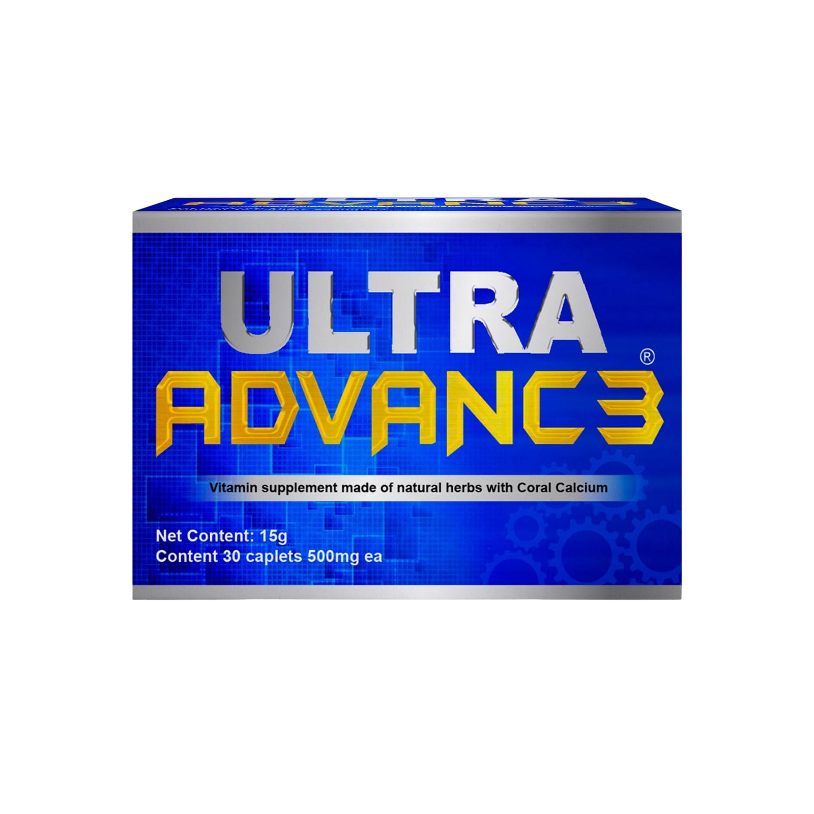 Ultra Advance 3 Blue bottle front view, traditional herbal blend for daily wellness.