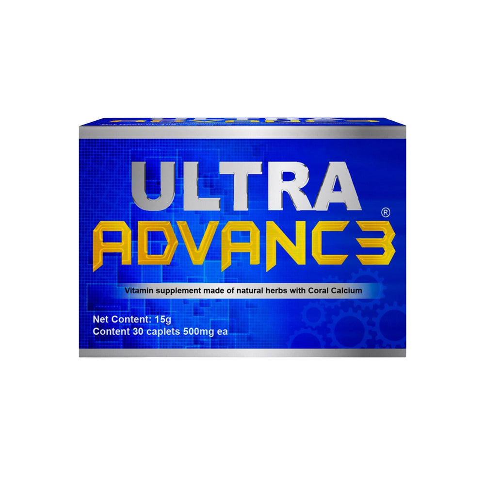 Ultra Advance 3 Blue bottle front view, traditional herbal blend for daily wellness.