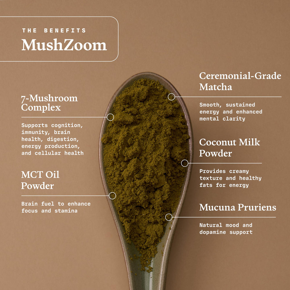 Ultra Life Sport Mush Zoom ceremonial-grade matcha powder suggests smooth energy