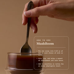 Ultra Life Sport MushBoom mug being stirred for a smooth, jitter-free energy substitute