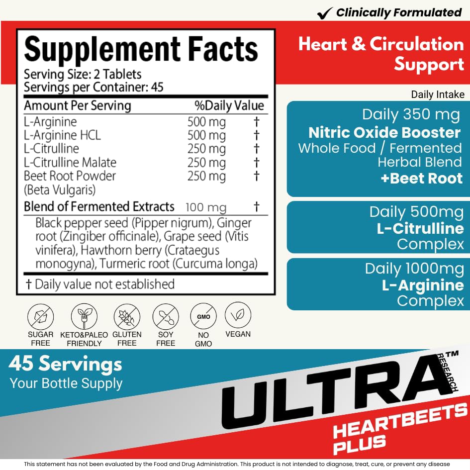 Ultra Research HeartBeets Plus tablets close-up, easy-to-swallow daily supplement