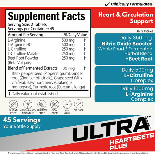 Ultra Research HeartBeets Plus tablets close-up, easy-to-swallow daily supplement