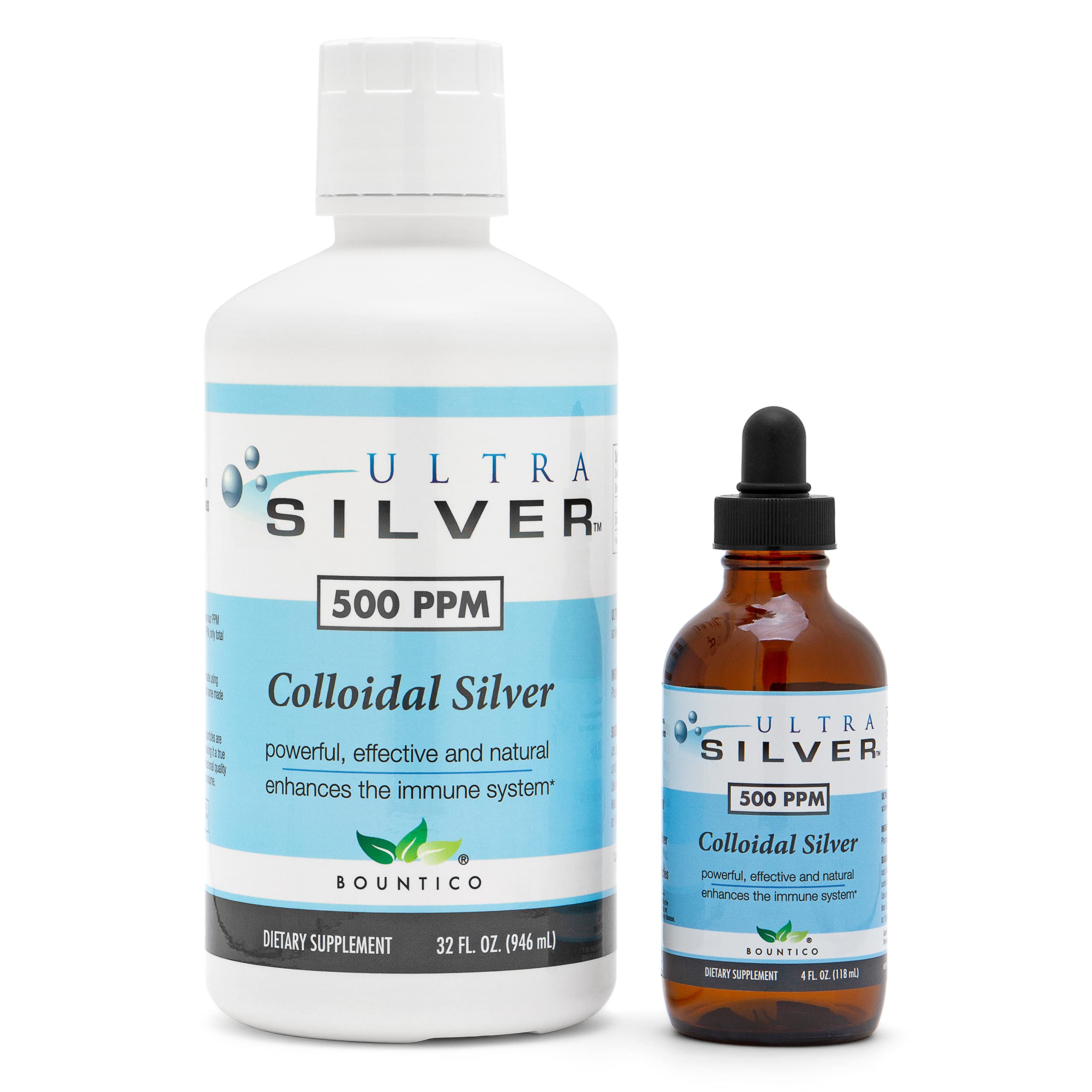 Ultra Silver Colloidal Silver bottle showcases 500 ppm for stable storage.