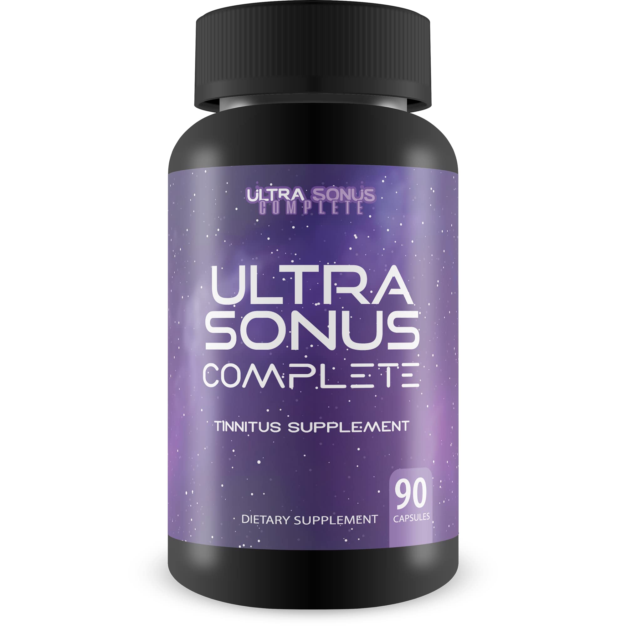Ultra Sonus bottle front showing natural ingredients for tinnitus support