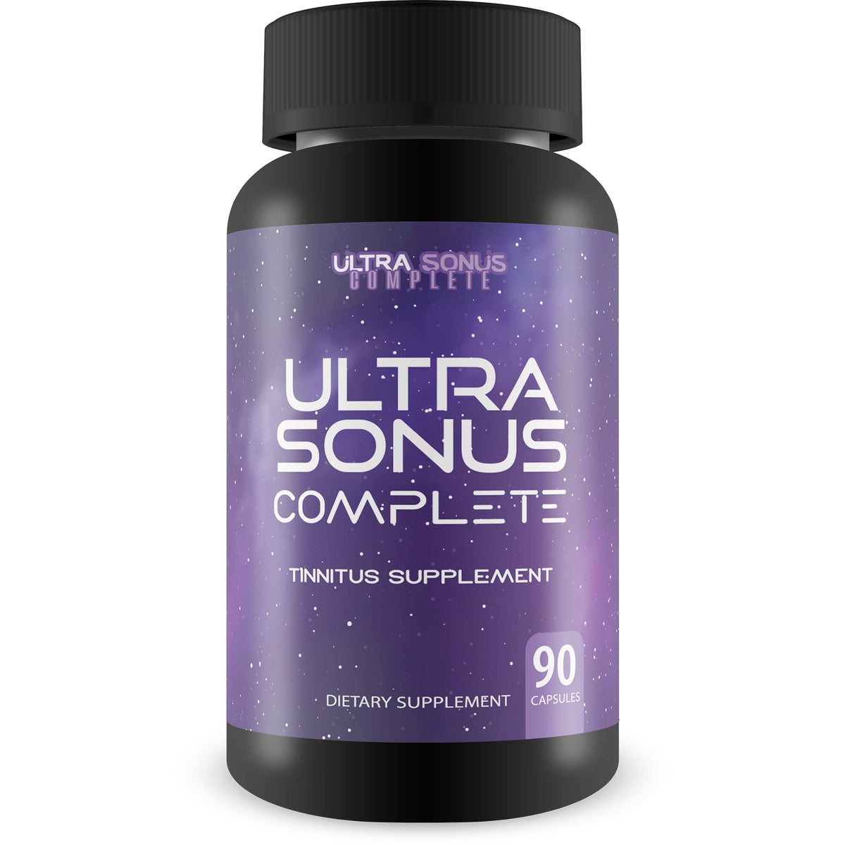 Ultra Sonus bottle front showing natural ingredients for tinnitus support