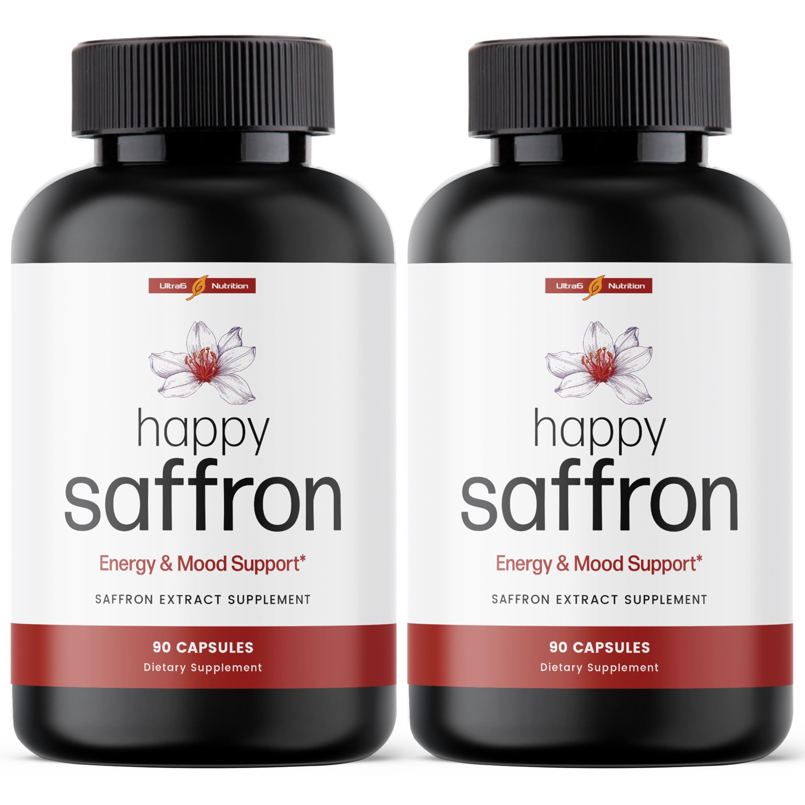 Ultra6 Nutrition Happy Saffron bottle: supports mood and energy naturally.