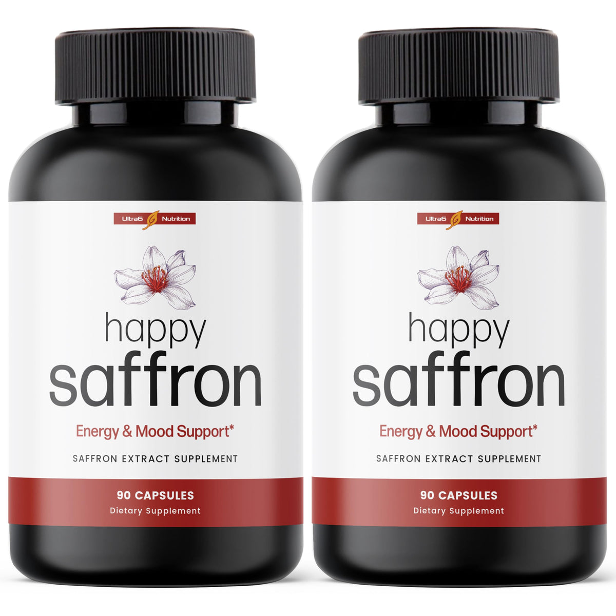 Ultra6 Nutrition Happy Saffron bottle: supports mood and energy naturally.