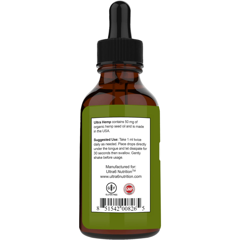 Ultra6 Nutrition hemp oil label close-up for informed wellness choices.
