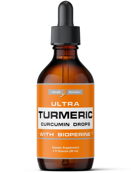 Ultra6 Nutrition liquid turmeric curcumin bottle with dropper for easy dosing.