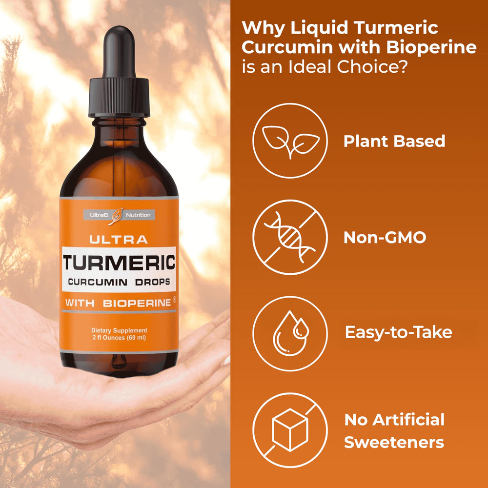Ultra6 Nutrition turmeric liquid being dispensed from a dropper into a glass.