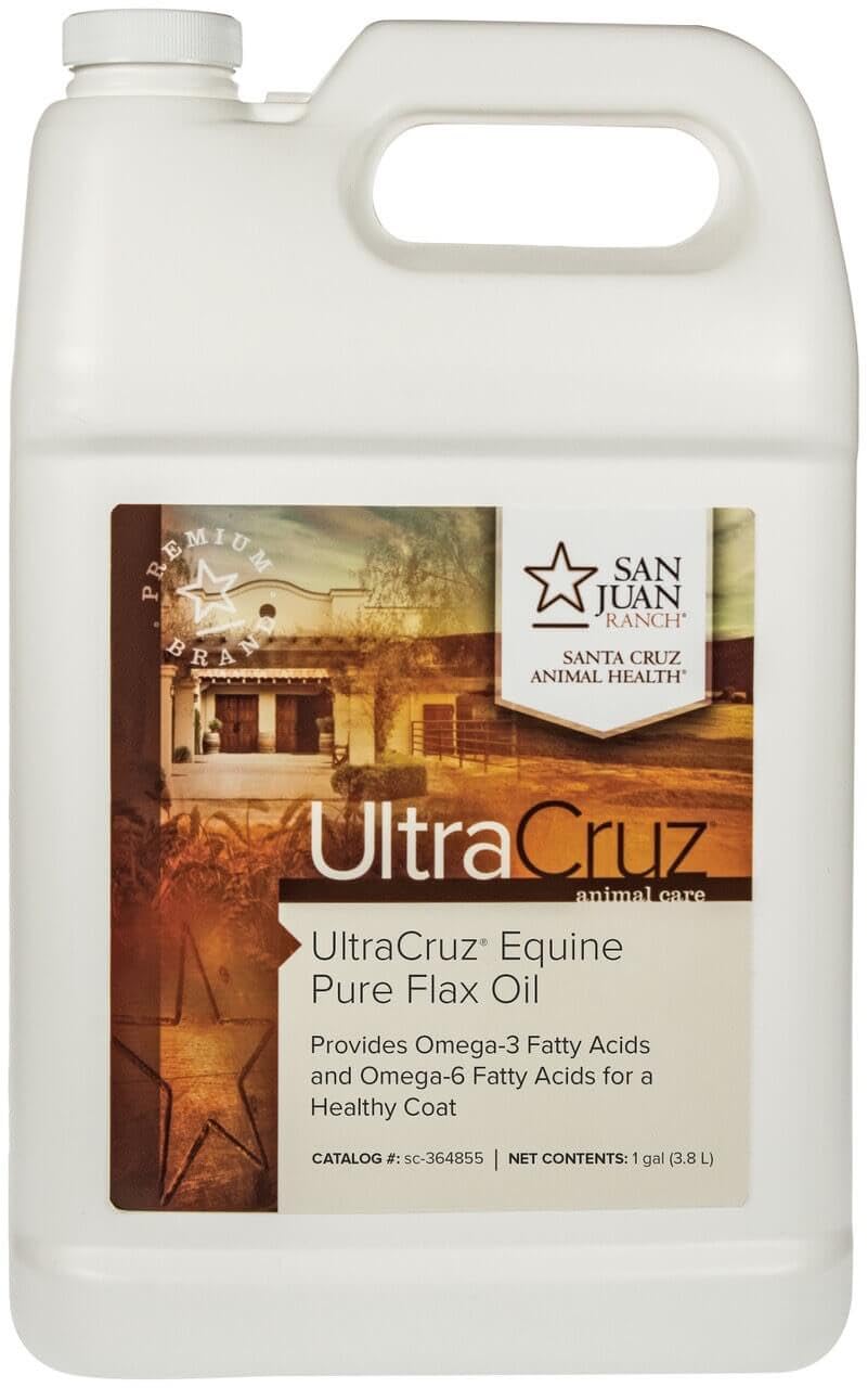 UltraCruz equine flax oil bottle pour for easy dosing and palatability.