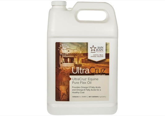 UltraCruz Equine Pure Flax Oil label close-up highlighting omega-3 source.